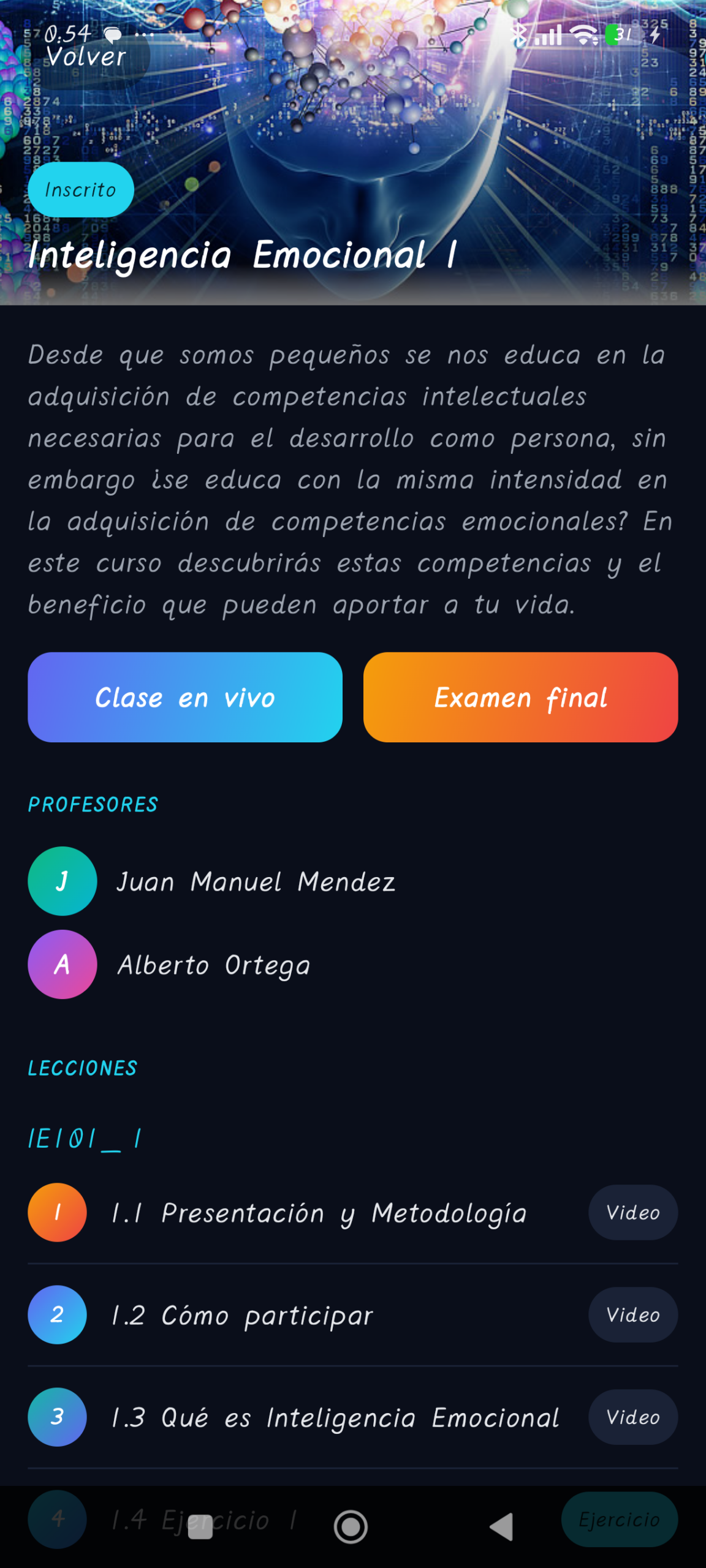 Vista de un curso en la app