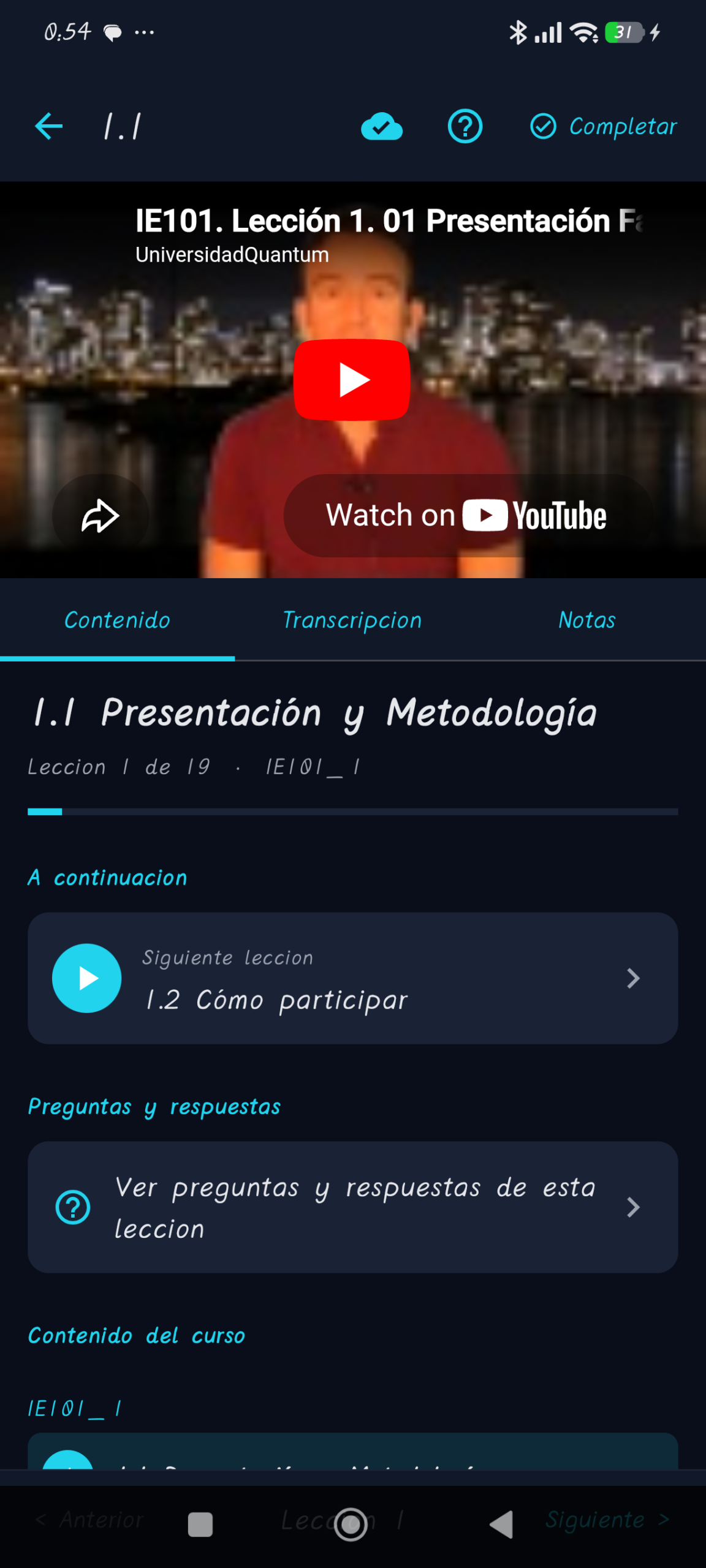 Lección en vídeo en la app